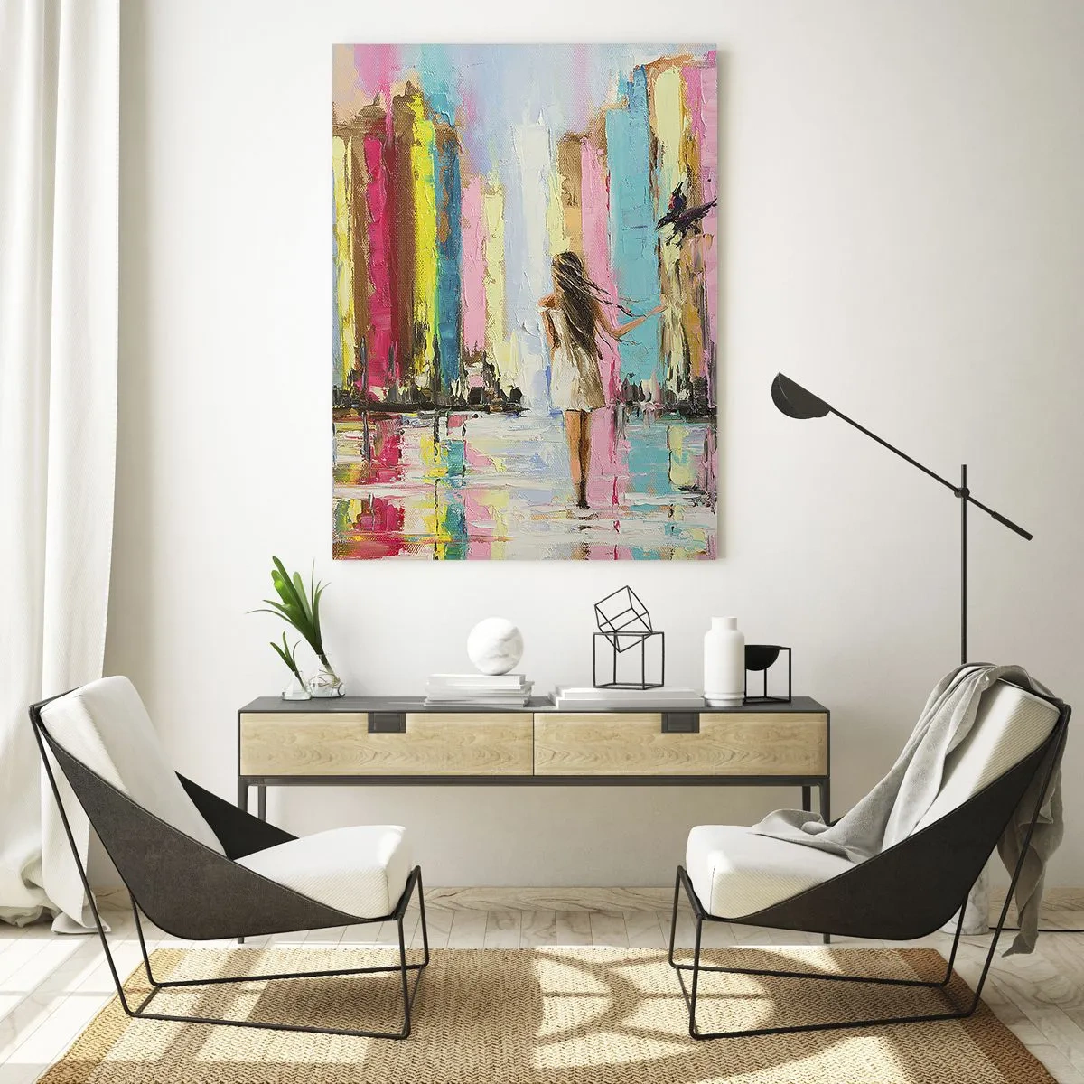 Impression sur verre - Image sur verre - Une ville colorée et une femme en robe blanche avec un oiseau - 70x100cm - Viens avec moi - Décoration murale moderne pour le salon et la chambre ARTTOR