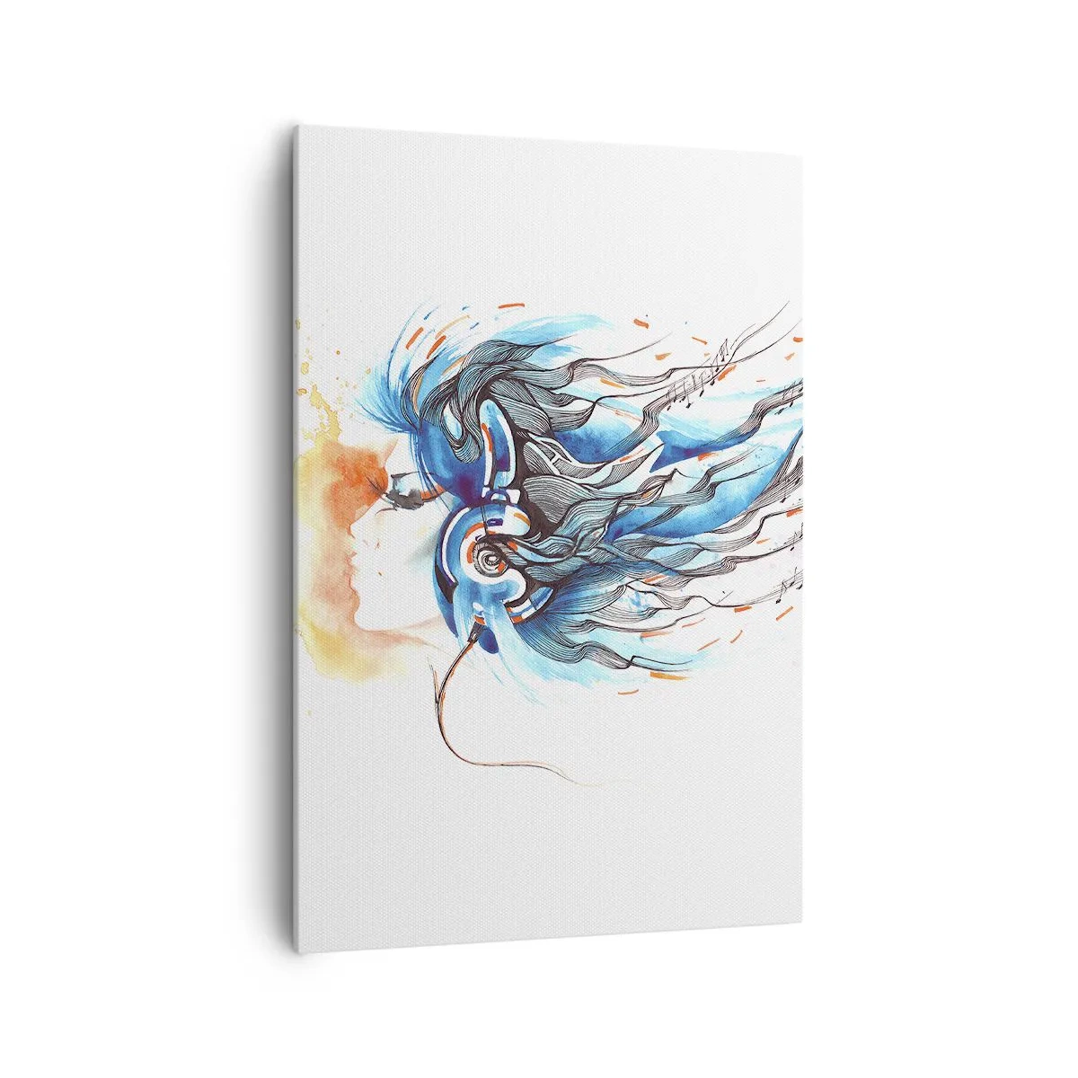 Impression sur toile - Image sur toile - Graphique artistique d'une femme portant des écouteurs avec des accents musicaux - 70x100cm - Que la musique joue - Décoration murale moderne pour le salon et la chambre ARTTOR