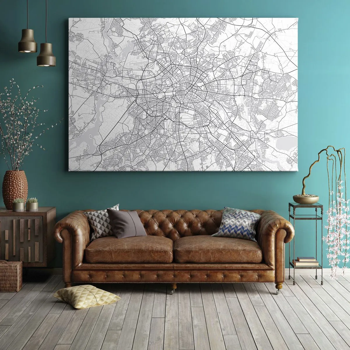 Impression sur toile - Image sur toile - Carte détaillée de la ville en noir et blanc - 120x80cm - Fleur de Berlin - Décoration murale moderne pour le salon et la chambre ARTTOR