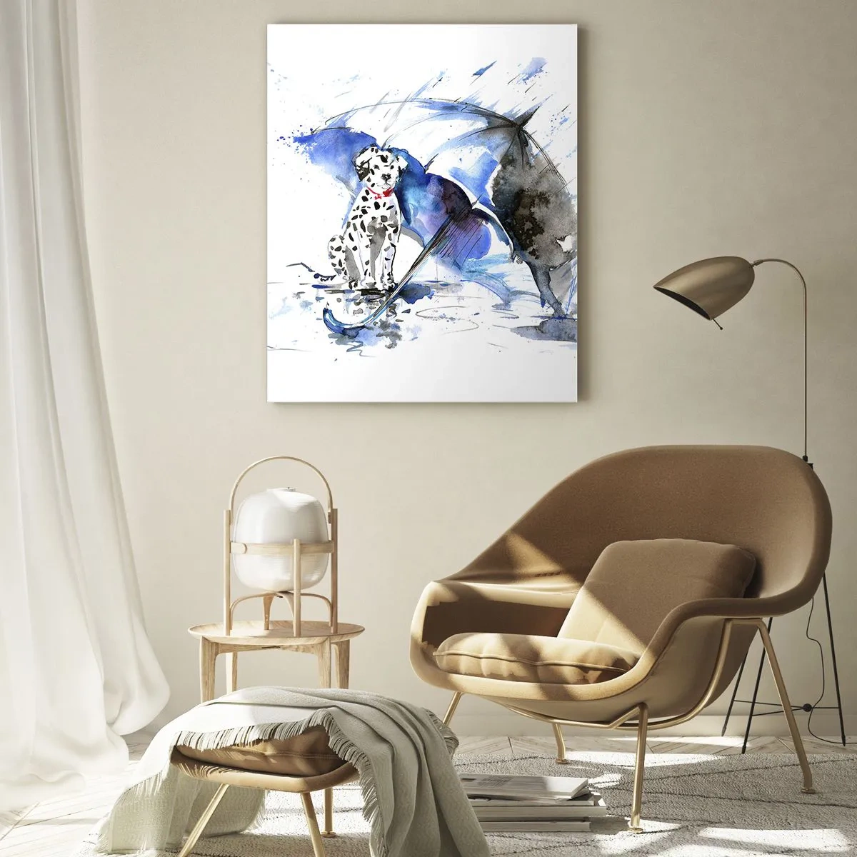Impression sur verre - Image sur verre - Aquarelle représentant un chien dalmatien avec un parapluie en arrière-plan - 80x120cm - C'est à ça que sert un ami - Décoration murale moderne pour le salon et la chambre ARTTOR
