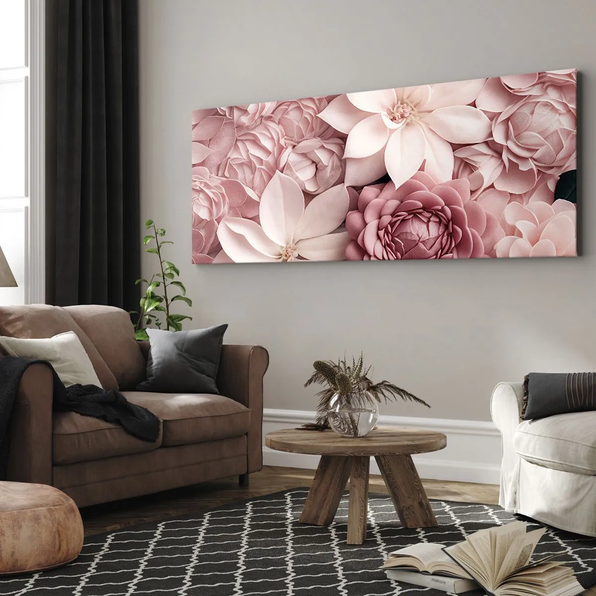 Impression sur toile - Image sur toile - Des fleurs aux tons roses et blancs dans une approche artistique - 140x50cm - Dans les pétales roses - Décoration murale moderne pour le salon et la chambre ARTTOR