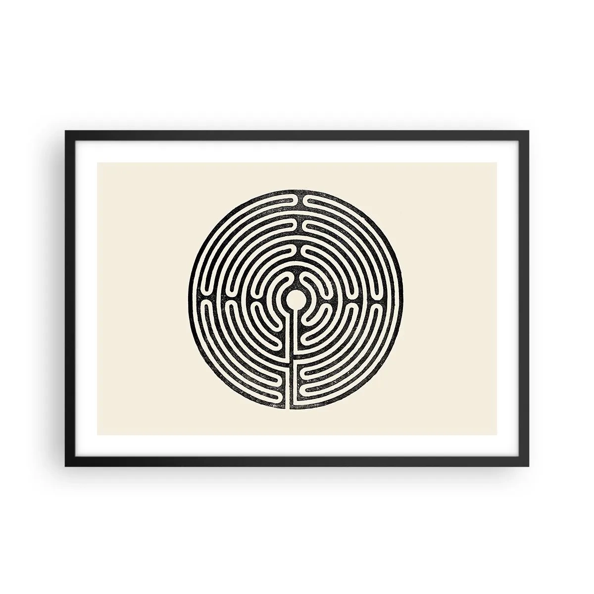 Affiche dans un cadre noir - Poster - Labyrinthe circulaire noir et blanc sur fond clair - 70x50cm - Ordre mystérieux - Décoration murale moderne pour le salon et la chambre ARTTOR