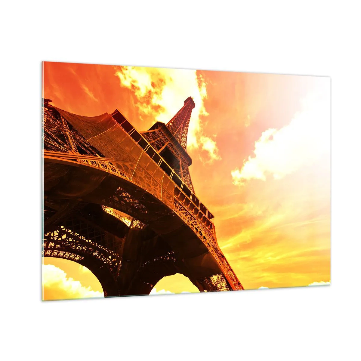Impression sur verre - Image sur verre - La Tour Eiffel dans des tons chauds d'orange au coucher du soleil - 100x70cm - Monumental, car il est doré par le soleil - Décoration murale moderne pour le salon et la chambre ARTTOR