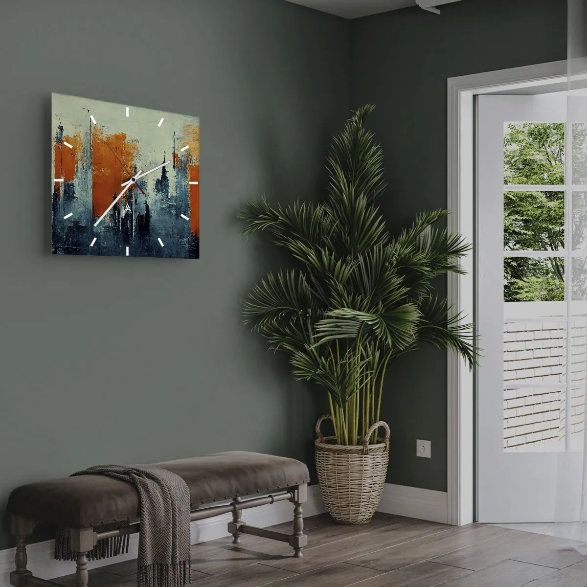 Horloge murale - Pendule murale - Paysage urbain abstrait dans des tons orange et bleu - 30x30cm - Paysage moderne - Décoration murale moderne pour le salon et la chambre ARTTOR