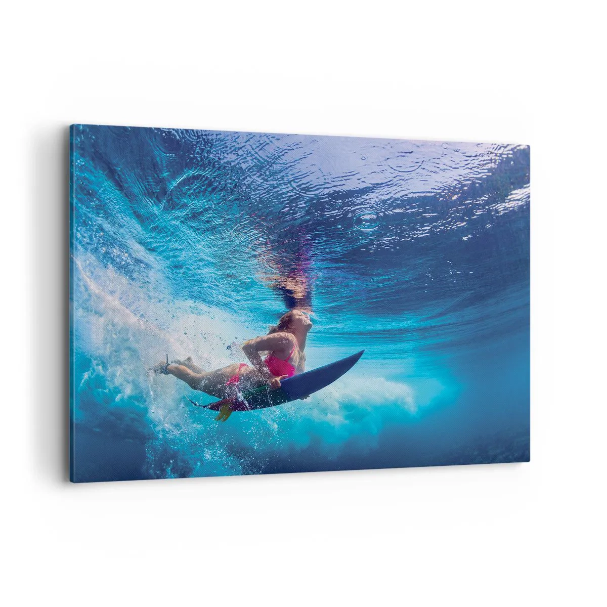 Impression sur toile - Image sur toile - Un surfeur sous l'eau dans une composition dynamique aux tons bleus. - 120x80cm - Joie profonde - Décoration murale moderne pour le salon et la chambre ARTTOR