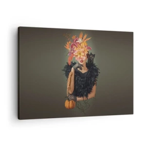 Impression sur toile - Image sur toile - Portrait d'une femme aux motifs d'automne et un chat - 70x50cm - Sort de sorcière - Décoration murale moderne pour le salon et la chambre ARTTOR