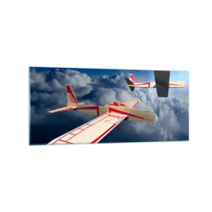 Impression sur verre - Image sur verre - Deux avions en bois planant au-dessus des nuages contre un ciel bleu. - 120x50cm - Encore plus haut, encore plus loin - Décoration murale moderne pour le salon et la chambre ARTTOR