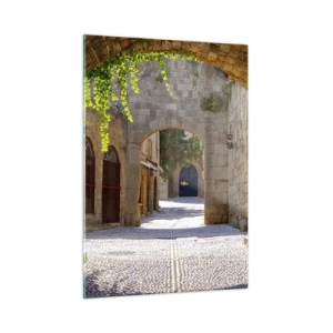 Impression sur verre - Image sur verre - Une rue en pierre avec des arches et des vignes au soleil - 50x70cm - Le cortège apparaîtra bientôt - Décoration murale moderne pour le salon et la chambre ARTTOR