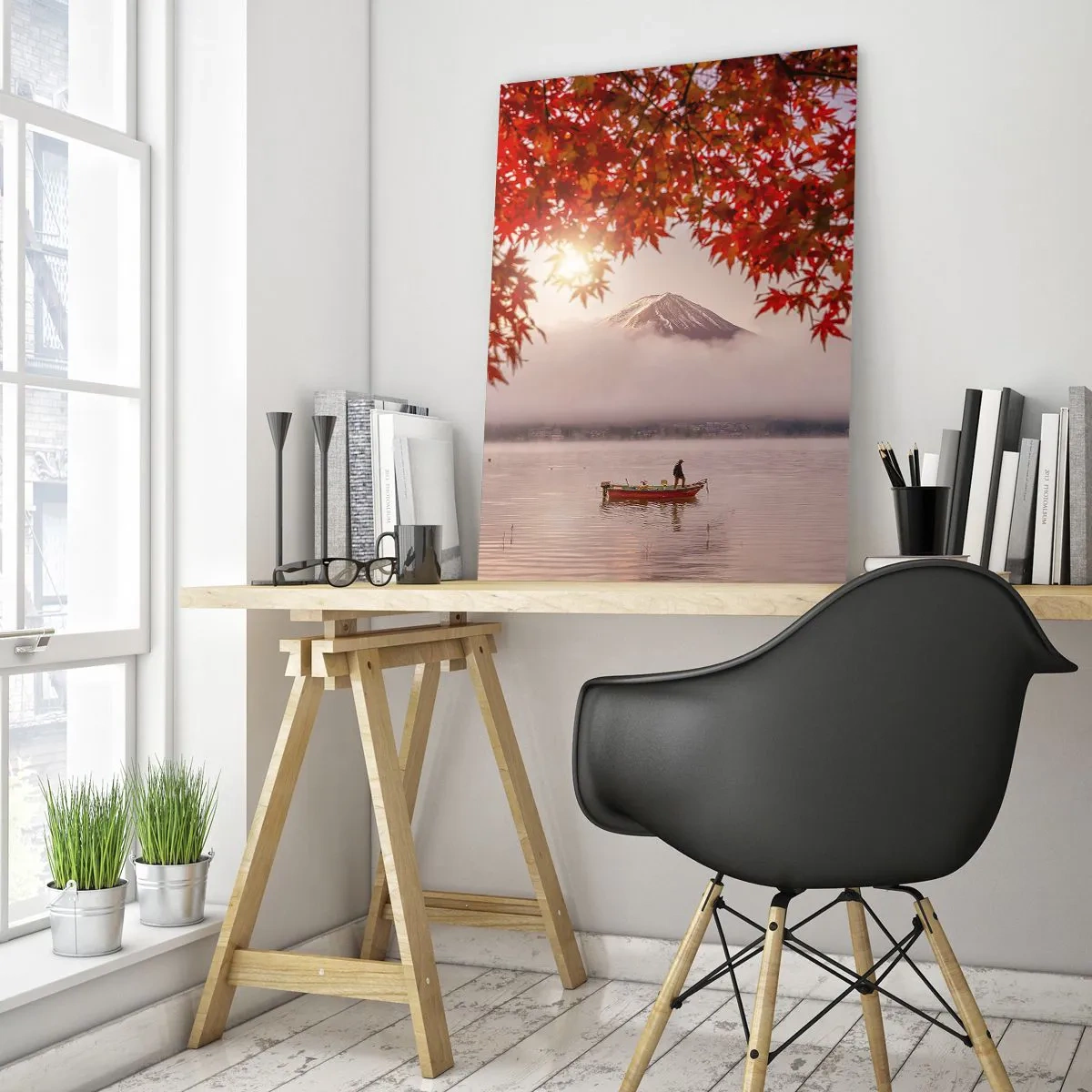 Impression sur verre - Image sur verre - Mont Fuji avec un bateau sur un lac entouré de feuilles rouges - 50x70cm - Dans le climat japonais - Décoration murale moderne pour le salon et la chambre ARTTOR