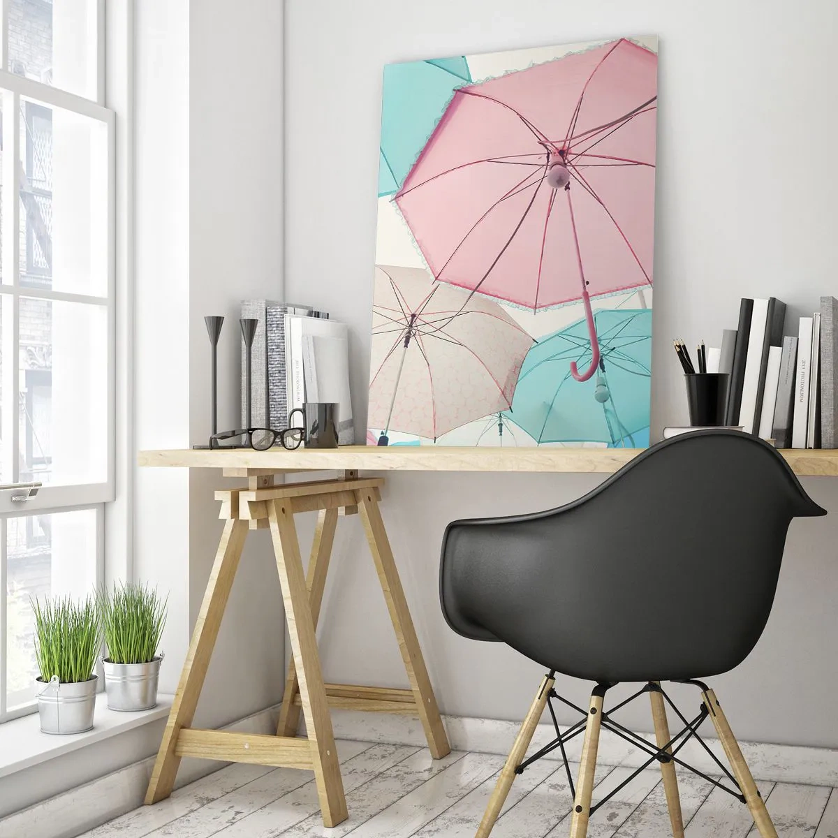 Impression sur verre - Image sur verre - Parapluies pastel contre un ciel lumineux - 70x100cm - Parfois le soleil, parfois la pluie - Décoration murale moderne pour le salon et la chambre ARTTOR