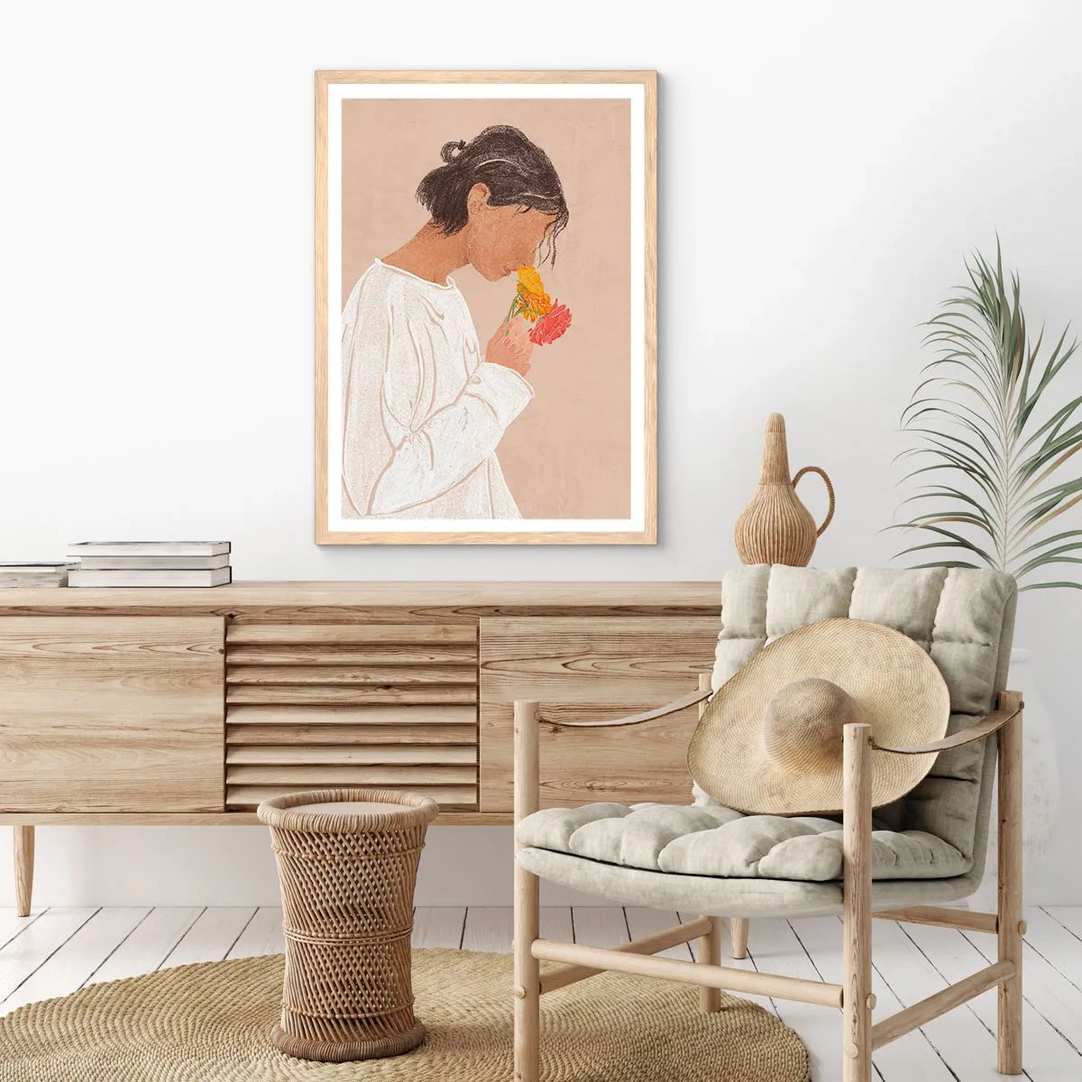 Affiche dans un chêne clair - Poster - Fille et fleurs - 30x40 cm