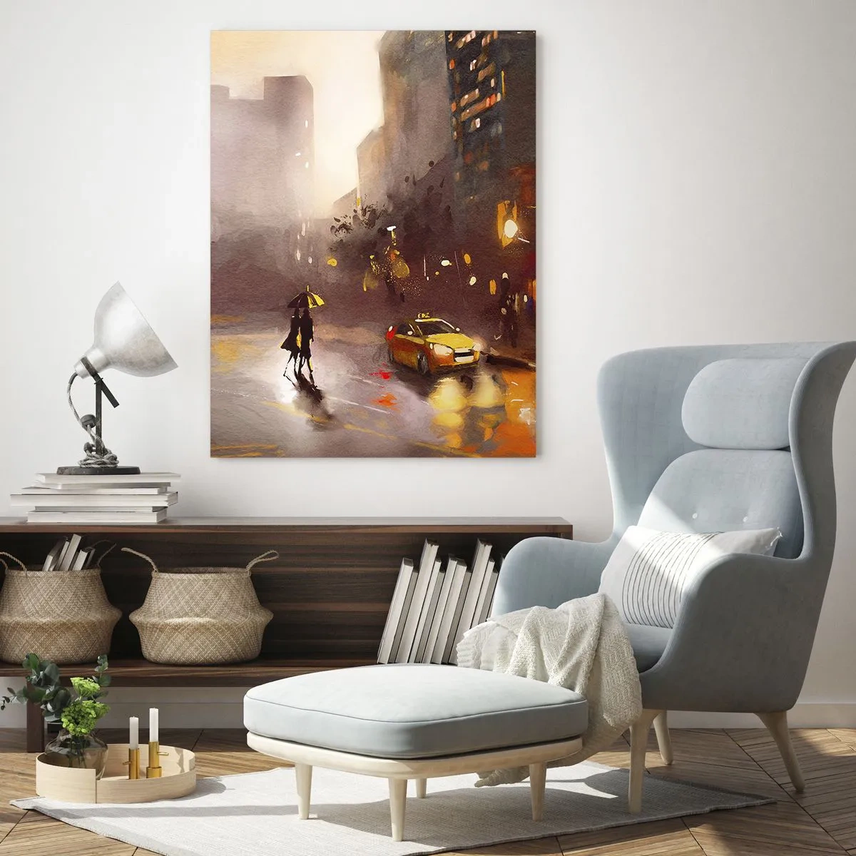 Impression sur verre - Image sur verre - Ville la nuit sous la pluie avec des taxis et la silhouette d'un couple - 50x70cm - Dans les lumières de New-York - Décoration murale moderne pour le salon et la chambre ARTTOR