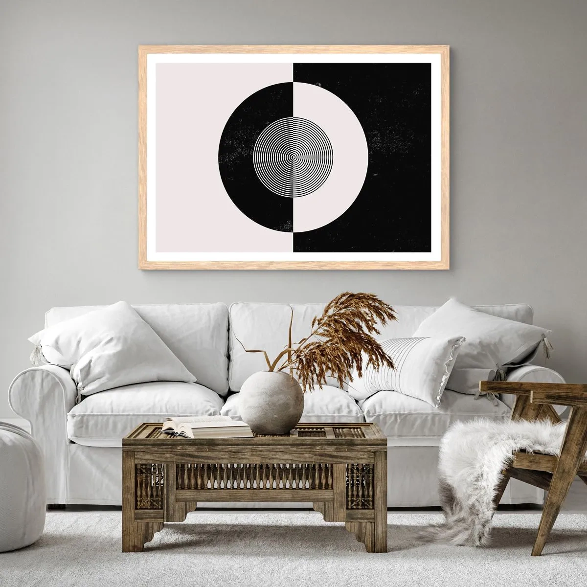 Affiche dans un chêne clair - Poster - Harmonie de noir et blanc - 100x70 cm
