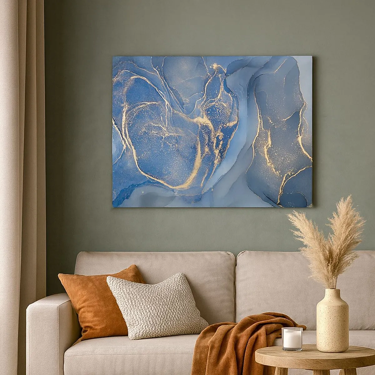 Impression sur toile - Image sur toile - Motifs bleus abstraits avec des accents dorés - 70x50cm - Poussière d'or - Décoration murale moderne pour le salon et la chambre ARTTOR