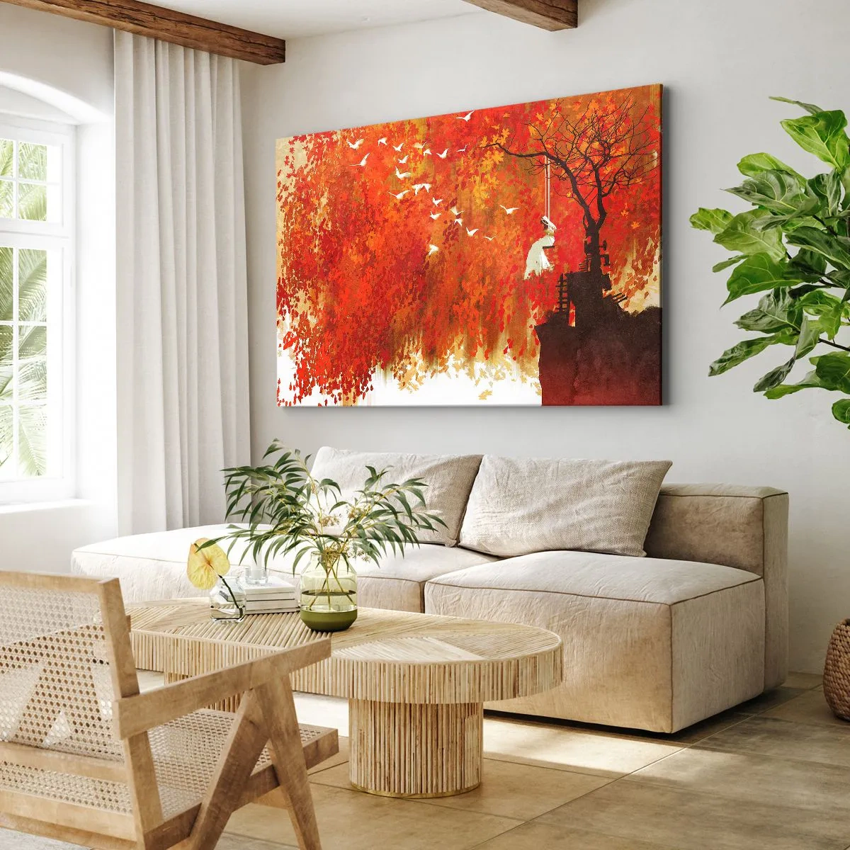 Impression sur toile - Image sur toile - Une silhouette sur une balançoire près d'un arbre entouré de feuilles rouges - 70x50cm - S'envolera-t-il avec eux ? - Décoration murale moderne pour le salon et la chambre ARTTOR