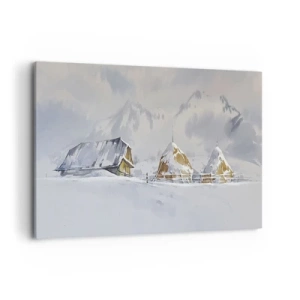 Impression sur toile - Image sur toile - Paysage d'hiver avec un chalet et des meules de foin dans les montagnes - 120x80cm - Dans une vallée enneigée - Décoration murale moderne pour le salon et la chambre ARTTOR
