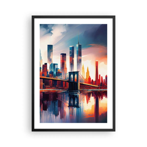 Affiche dans un cadre noir - Poster - Panorama de la ville avec un pont et un reflet dans l'eau - 50x70cm - New York onirique - Décoration murale moderne pour le salon et la chambre ARTTOR