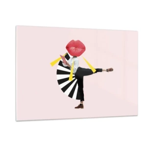 Impression sur verre - Image sur verre - Une composition pop art surréaliste mettant en scène un personnage avec une grande bouche sur un fond rose. - 120x80cm - Pop-art surréaliste - Décoration murale moderne pour le salon et la chambre ARTTOR