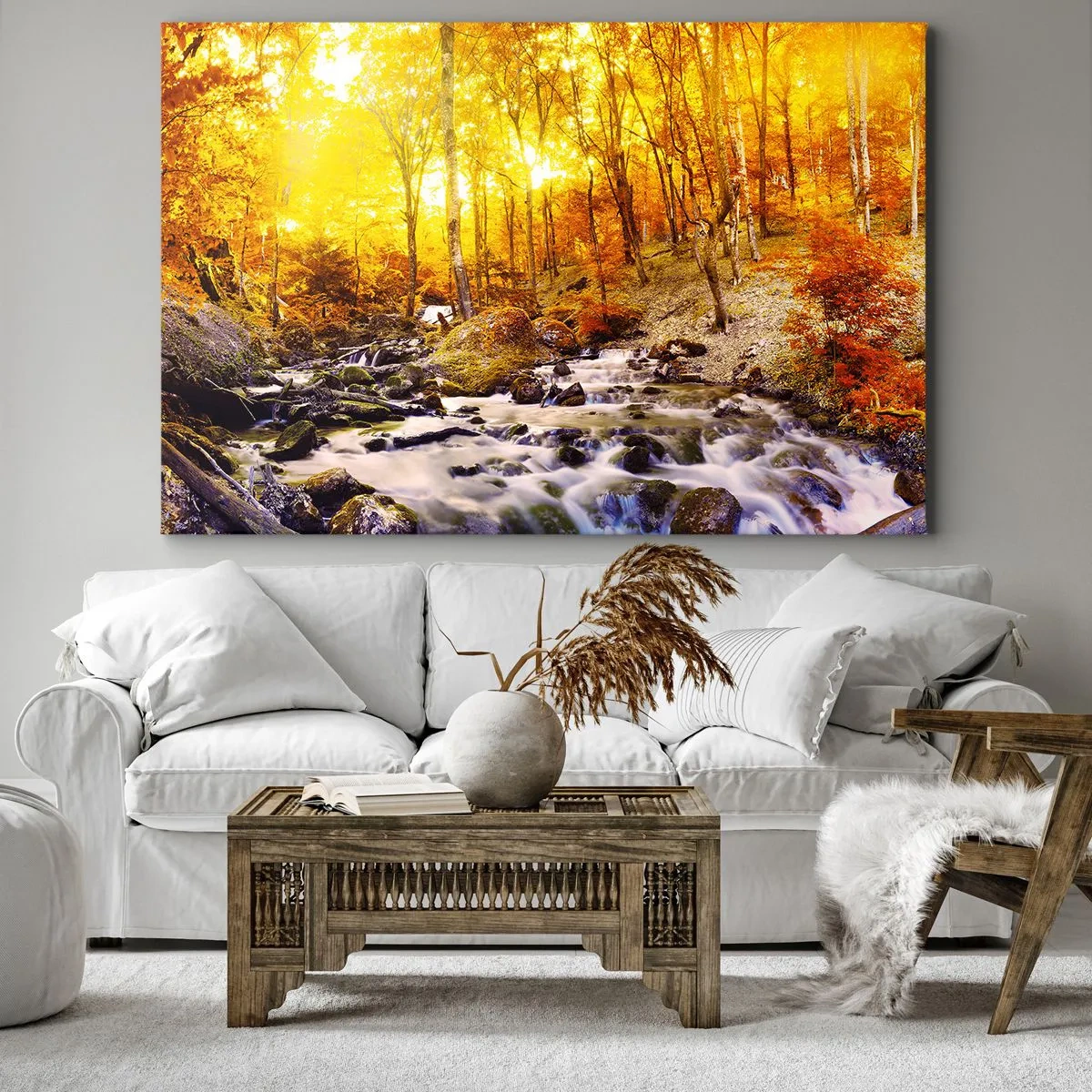 Impression sur toile - Image sur toile - Forêt d'automne avec un ruisseau parmi les feuilles dorées - 120x80cm - Pierres serties d'or et de platine - Décoration murale moderne pour le salon et la chambre ARTTOR