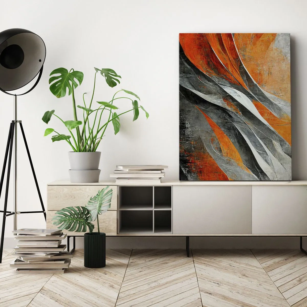 Impression sur toile - Image sur toile - Lignes abstraites dans les tons orange et gris - 50x70cm - Chaleur et froid - Décoration murale moderne pour le salon et la chambre ARTTOR