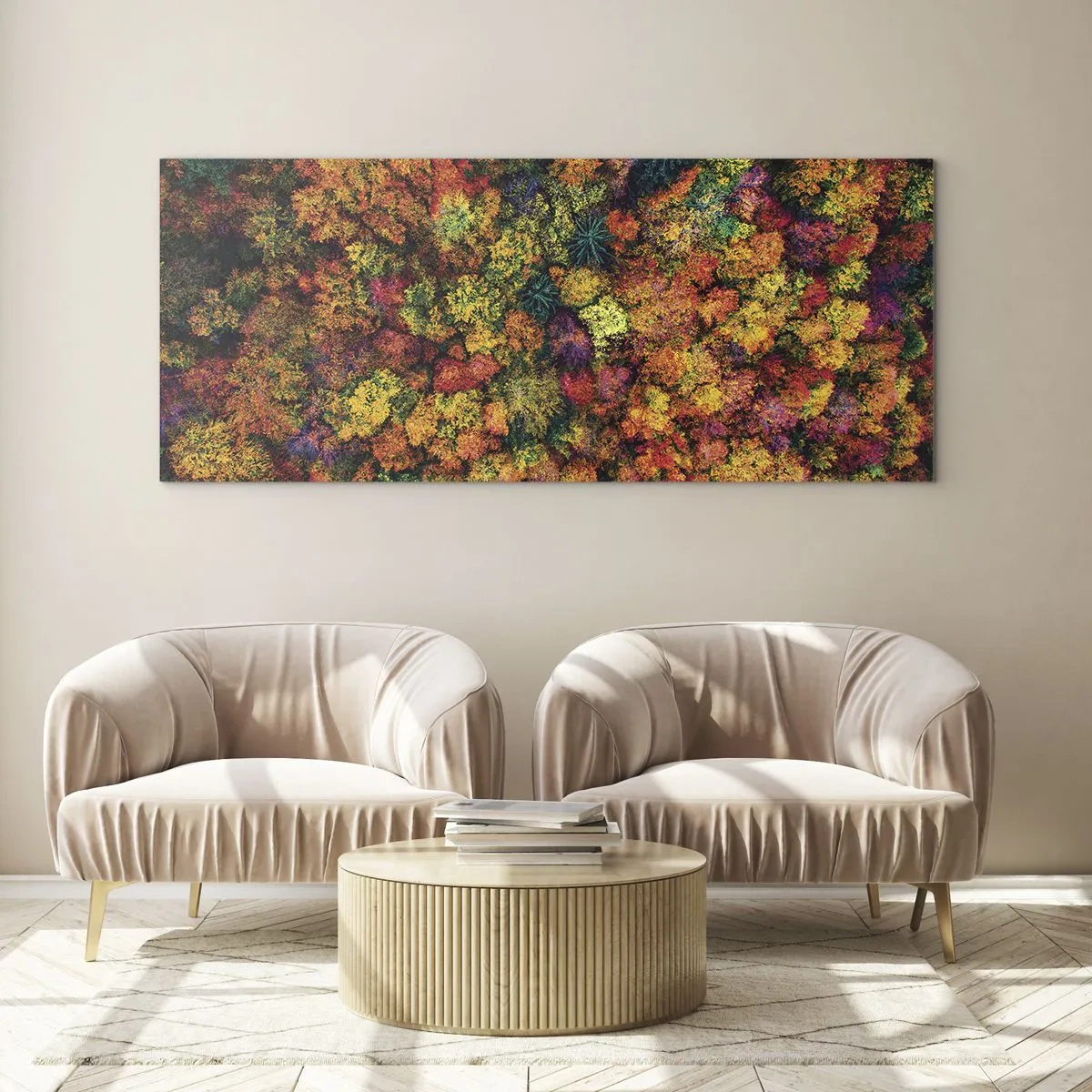 Impression sur verre - Image sur verre - Couronnes d'arbres colorées dans la palette d'automne - 160x50cm - Bouquet d'arbres automnal - Décoration murale moderne pour le salon et la chambre ARTTOR