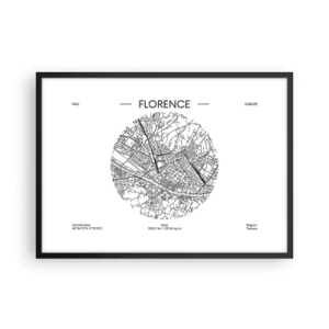 Affiche dans un cadre noir - Poster - Une carte de Florence dans un style minimaliste en noir et blanc - 70x50cm - Anatomie de Florence - Décoration murale moderne pour le salon et la chambre ARTTOR