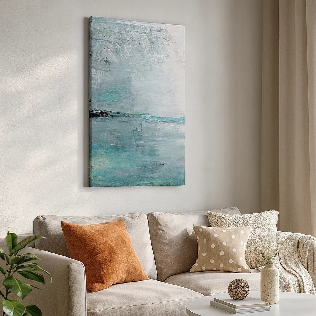 Impression sur toile - Image sur toile - Abstraction dans les tons turquoise et gris - 50x70cm - Horizontalement en bleu - Décoration murale moderne pour le salon et la chambre ARTTOR
