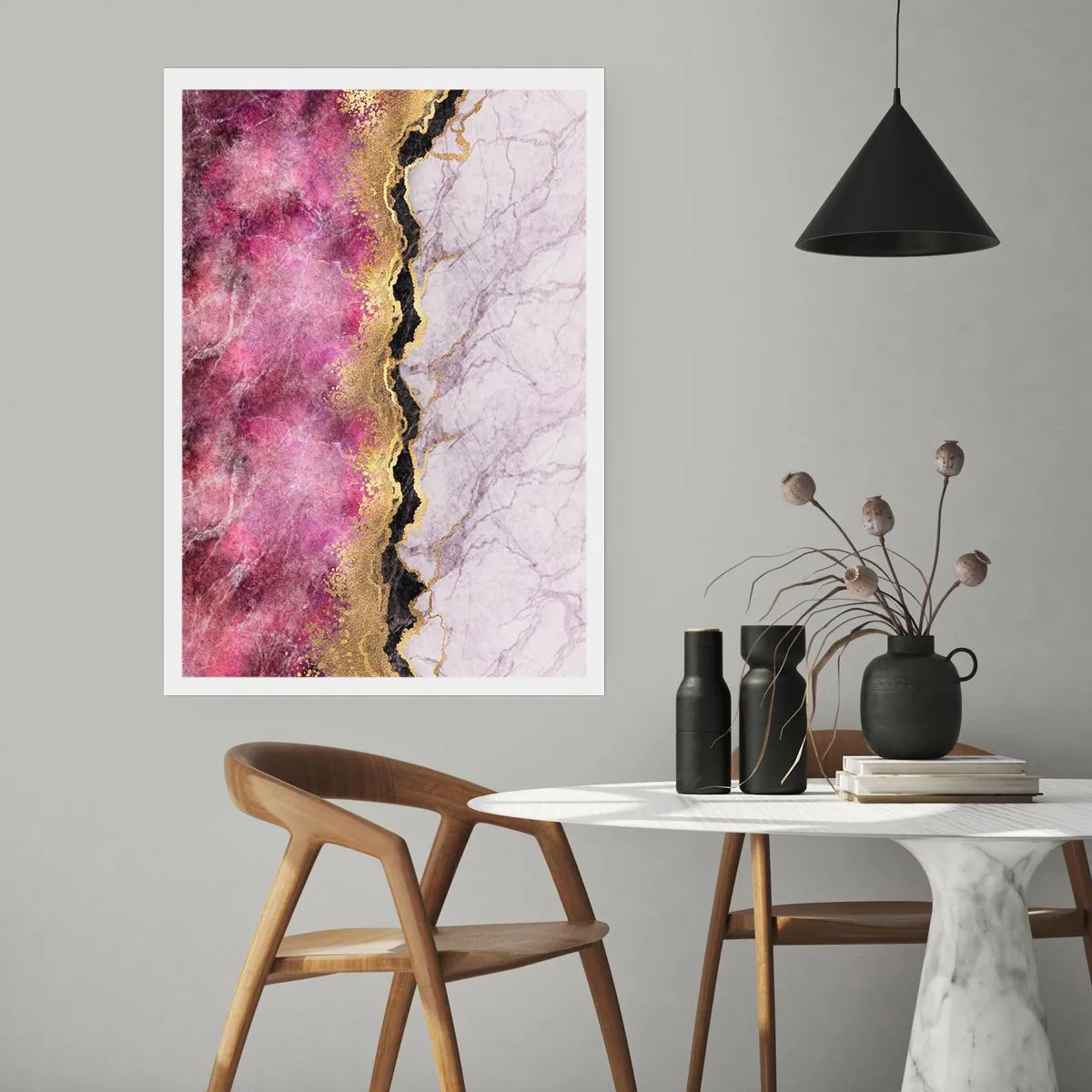 Affiche - Poster - Abstraction avec un motif en marbre et des accents dorés - 50x70cm - À la frontière - Décoration murale moderne pour le salon et la chambre ARTTOR