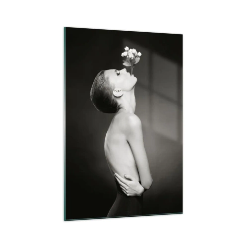 Impression sur verre - Image sur verre - Silhouette noire et blanche d'une femme avec une fleur - 70x100cm - Elégance excentrique - Décoration murale moderne pour le salon et la chambre ARTTOR