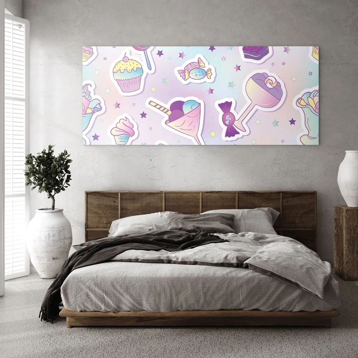 Impression sur verre - Image sur verre - Motifs pastel avec bonbons et desserts - 140x50cm - Pour que tous les jours soit un anniversaire - Décoration murale moderne pour le salon et la chambre ARTTOR