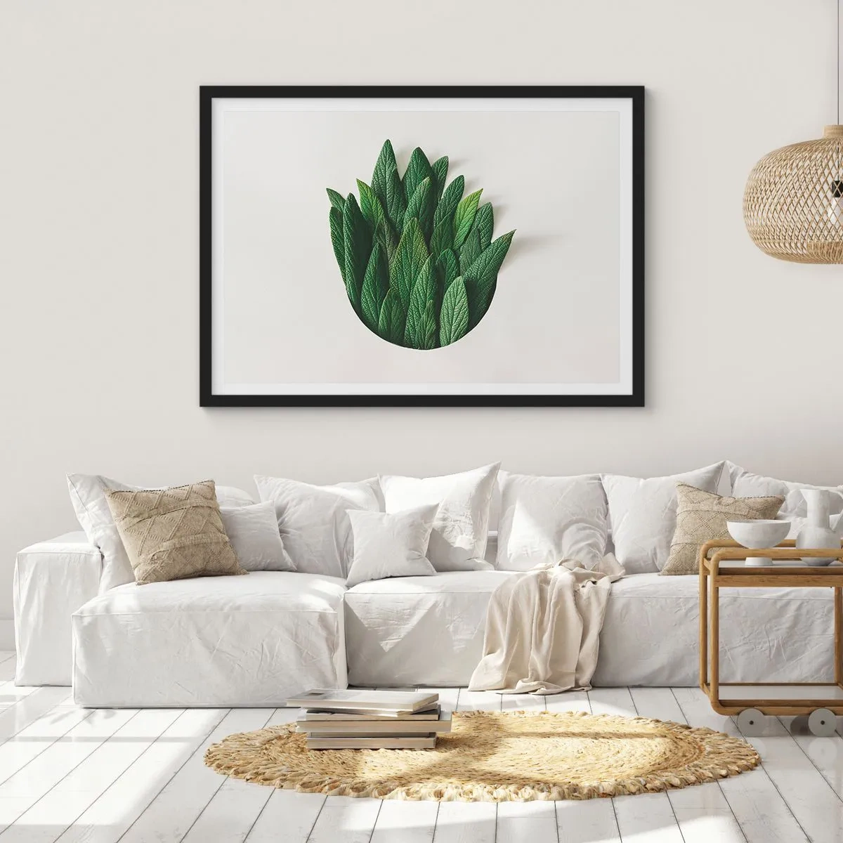 Affiche dans un cadre noir - Poster - Une composition de feuilles vertes sur un fond clair - 70x50cm - Curiosité sans retenue - Décoration murale moderne pour le salon et la chambre ARTTOR
