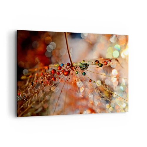 Impression sur toile - Image sur toile - Macrophotographie d'une goutte d'eau sur une plante délicate - 100x70cm - Enfilé sur un fil d'araignée - Décoration murale moderne pour le salon et la chambre ARTTOR