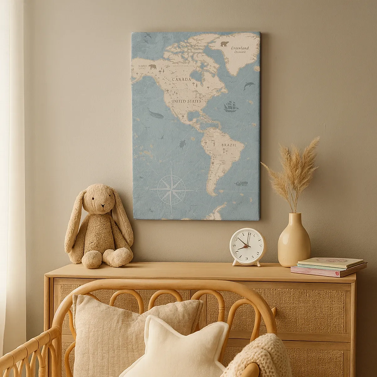 Impression sur toile - Image sur toile - Carte du monde décorative dans les tons bleu et beige - 50x70cm - Le monde à porter de main - Décoration murale moderne pour le salon et la chambre ARTTOR