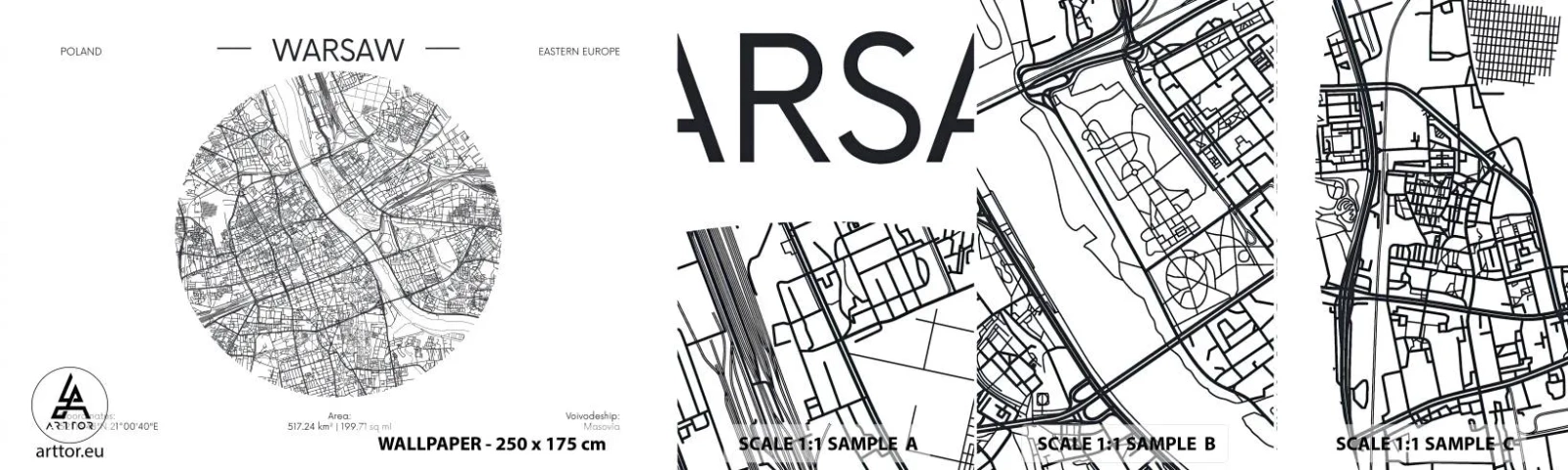 Échantillon de Papier Peint Autocollant Deluxe Sticker - Anatomie de Varsovie - Carte, Varsovie, Pologne - 100x30 cm