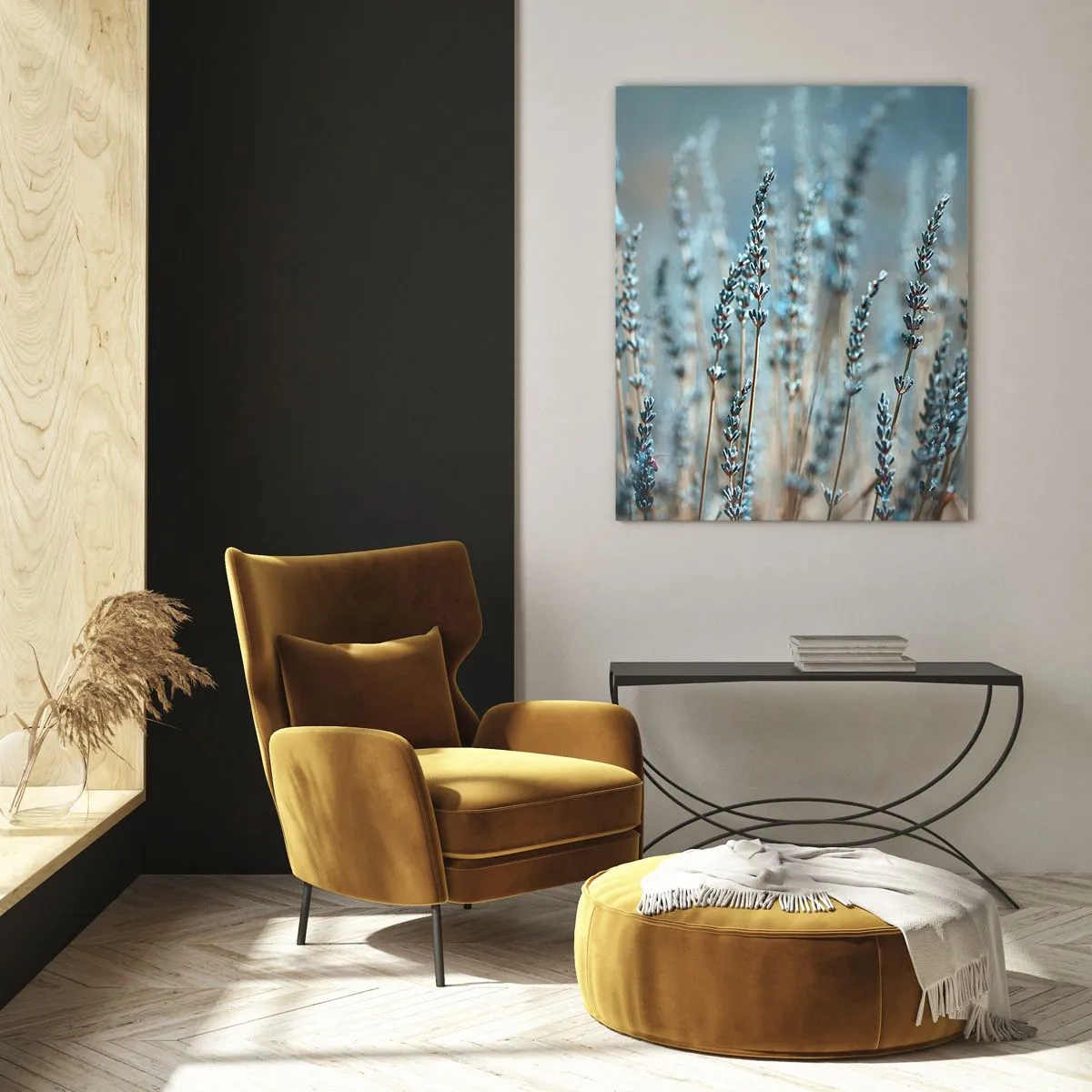 Impression sur verre - Image sur verre - Un champ de lavande dans une lumière douce et fraîche - 50x70cm - Tige odorante - Décoration murale moderne pour le salon et la chambre ARTTOR