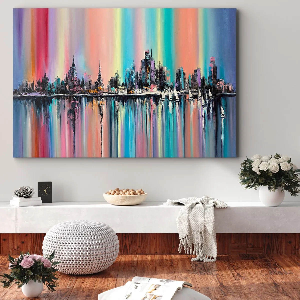 Impression sur toile - Image sur toile - Paysage urbain coloré avec reflet sur l'eau - 120x80cm - Noyé par la lumière de la nuit - Décoration murale moderne pour le salon et la chambre ARTTOR