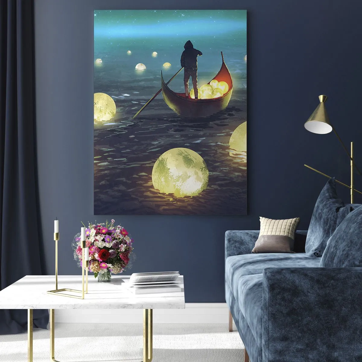 Impression sur verre - Image sur verre - Une silhouette dans un bateau entourée de boules lumineuses sur l'eau - 70x100cm - Des choses dont les philosophes n'ont jamais rêvé - Décoration murale moderne pour le salon et la chambre ARTTOR