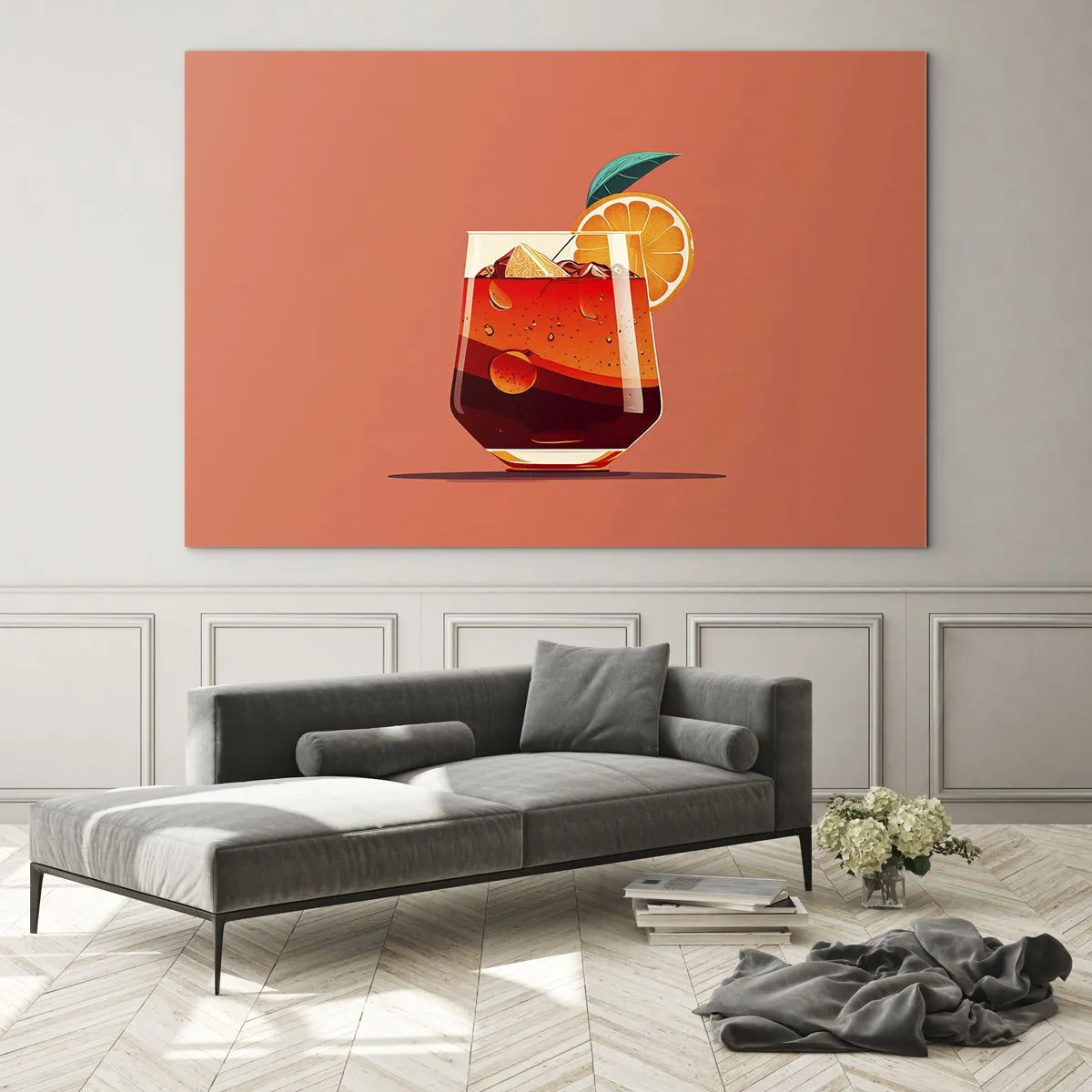 Impression sur verre - Image sur verre - Une boisson colorée à l'orange sur un fond pêche chaud - 100x70cm - Rafraîchissement d'été - Décoration murale moderne pour le salon et la chambre ARTTOR