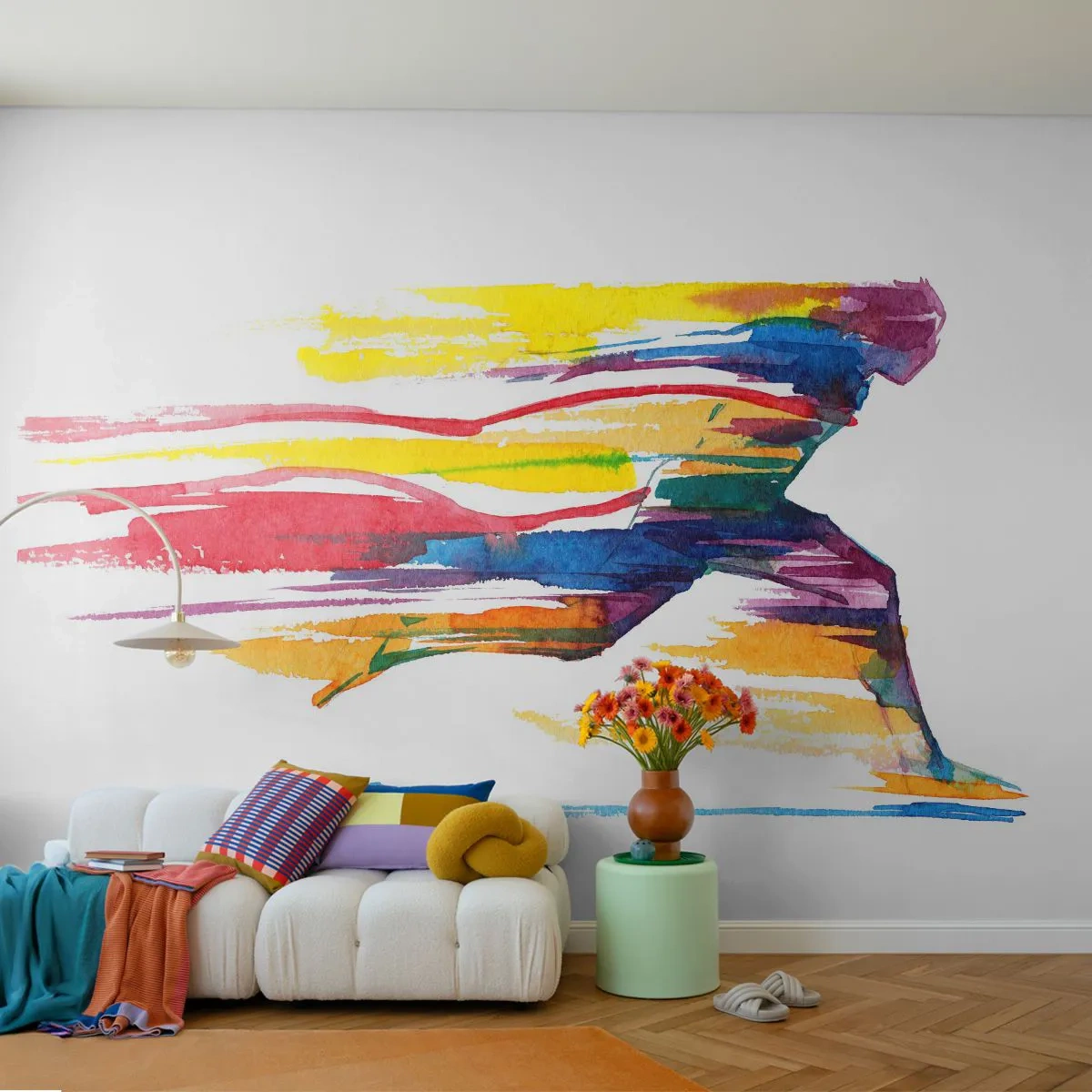Papier Peint Photo Premium Canvas - Courir à travers l'arc-en-ciel - Abstraction, sport, Coureur - 400x280 cm