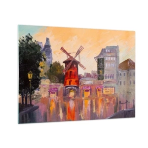 Impression sur verre - Image sur verre - Le moulin à vent rouge du Moulin Rouge parmi les immeubles parisiens - 70x50cm - Icones parisiennes – le Moulin rouge - Décoration murale moderne pour le salon et la chambre ARTTOR
