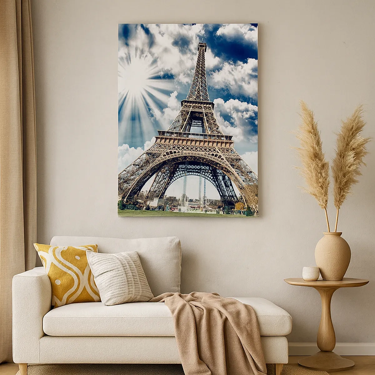 Impression sur toile - Image sur toile - La Tour Eiffel sous un ciel ensoleillé avec des nuages - 50x70cm - La seule et unique sous le soleil - Décoration murale moderne pour le salon et la chambre ARTTOR