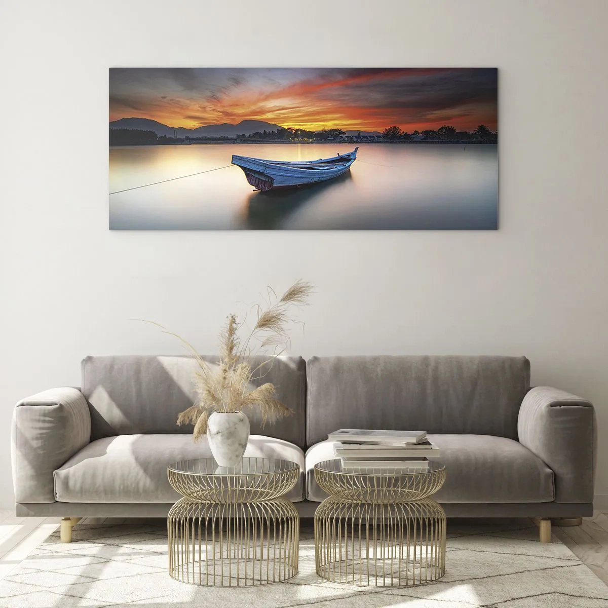 Impression sur verre - Image sur verre - Un bateau sur l'eau pendant un coucher de soleil pittoresque - 160x50cm - Une bonne nuit arrive - Décoration murale moderne pour le salon et la chambre ARTTOR