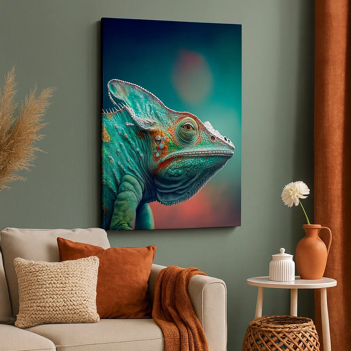 Impression sur toile - Image sur toile - Gros plan d'un caméléon aux couleurs intenses - 50x70cm - Vous me voyez? Pas bien… - Décoration murale moderne pour le salon et la chambre ARTTOR