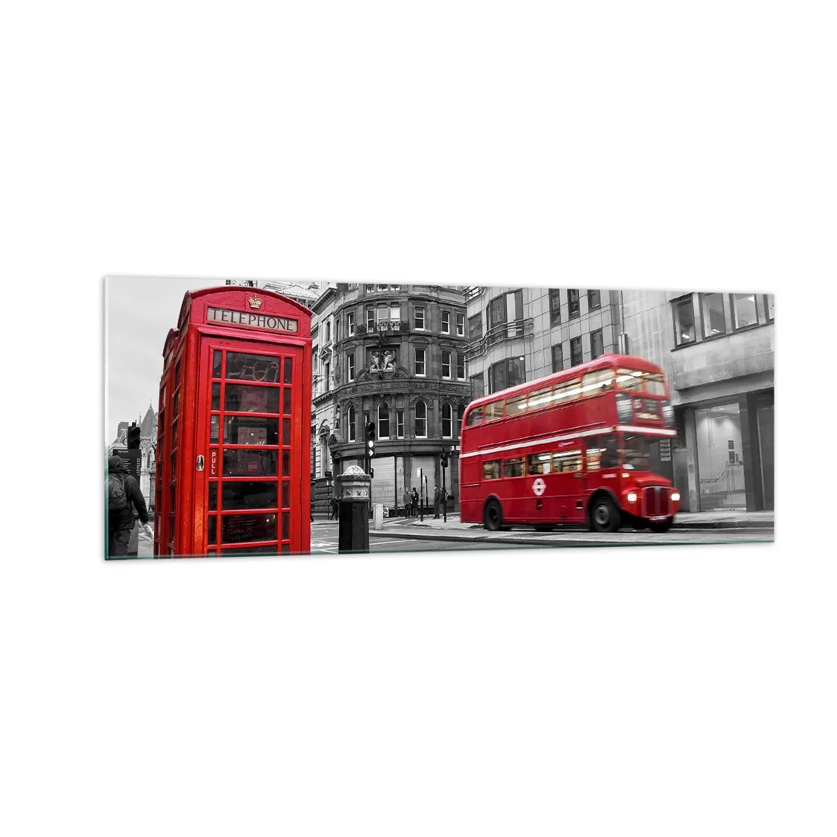 Impression sur verre - Image sur verre - Une cabine téléphonique rouge et un bus à impériale à Londres avec la ville en arrière-plan - 140x50cm - Le plus rouge d'Europe - Décoration murale moderne pour le salon et la chambre ARTTOR