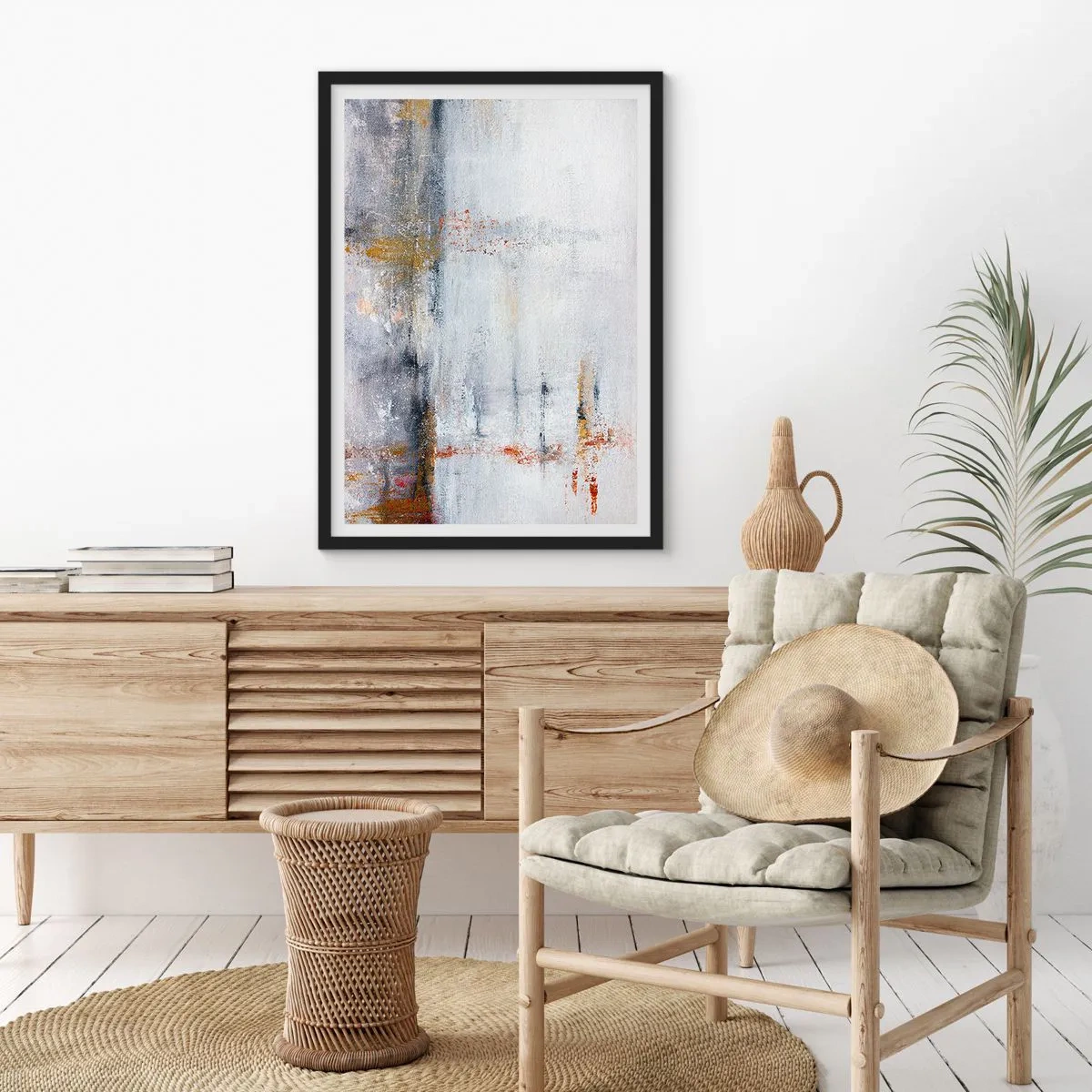 Affiche dans un cadre noir - Poster - Une composition abstraite avec des nuances de gris, de blanc et d'or. - 50x70cm - Derrière l'air un rideau - Décoration murale moderne pour le salon et la chambre ARTTOR