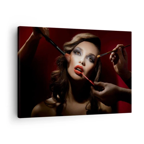 Impression sur toile - Image sur toile - Portrait élégant d'une femme se maquillant sur un fond sombre - 70x50cm - Belle rêveuse - Décoration murale moderne pour le salon et la chambre ARTTOR