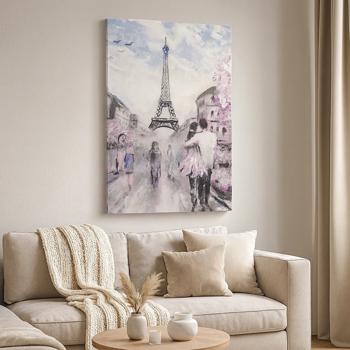 Impression sur toile - Image sur toile - Une promenade romantique à Paris près de la Tour Eiffel - 50x70cm - Comment tomber amoureu, il faut juste... - Décoration murale moderne pour le salon et la chambre ARTTOR