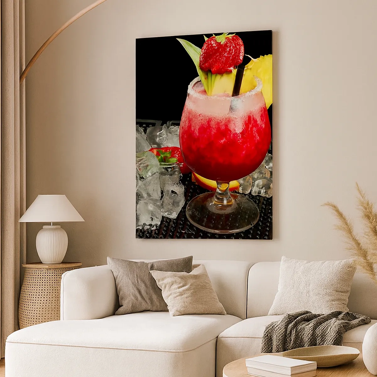 Impression sur toile - Image sur toile - Un cocktail coloré avec des fraises, de la glace et de l'ananas - 50x70cm - Envouter le goût - Décoration murale moderne pour le salon et la chambre ARTTOR