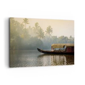 Impression sur toile - Image sur toile - Un bateau traditionnel sur une rivière calme parmi les palmiers - 120x80cm - Maison sur la rivière - Décoration murale moderne pour le salon et la chambre ARTTOR