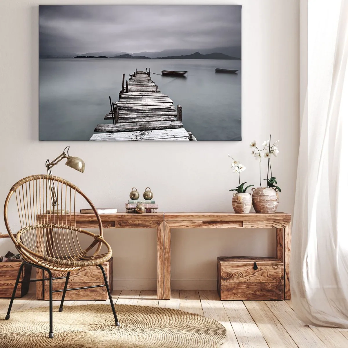 Impression sur toile - Image sur toile - Un pont en bois menant à la surface calme du lac - 120x80cm - Tu peux partir demain - Décoration murale moderne pour le salon et la chambre ARTTOR